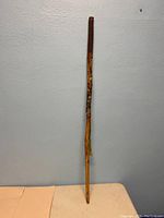 Full view of the handcrafted wooden walking stick showing its length, bark texture, and leather handle wrap.