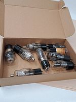 Box containing nine assorted vintage and antique lightbulbs with glass and black pin bases.