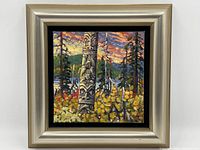 Full front view of painting in silver frame with black mat showing subject and composition