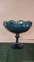 Blue carnival glass pedestal dish shown from front angle with scalloped edge and iridescent reflective surface.