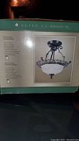 Box front showing Elite Classics branding and light fixture photo with product specifications.