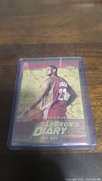Front view of LeBron James rookie card in protective plastic sleeve featuring NBA player LeBron James in Cavaliers jersey, card labeled 'LeBron's Diary 2003-2004'.