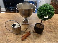 Overall set of urn, plant, watering can, and lizard figurine on wooden table