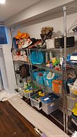 Front view of both shelving units filled with random items (contents not included)