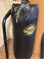Full view of the black Everlast punching bag with attached hanging chain, showing overall condition and size relative to background objects.