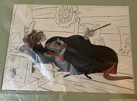Hand-painted color cel mounted on green mat featuring Dr. Ratigan and Basil in workshop