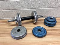 Adjustable dumbbell with chrome and black handle on wooden surface against cinder block wall. Four loose weight plates nearby: two blue painted plates marked 3 LB and two plain metallic plates.