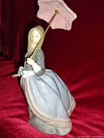 Side view of the Lladro porcelain lady with umbrella figurine showing intricate dress patterns and umbrella detail.