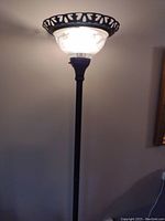 Full view of the lit metal floor lamp showing the decorative frosted glass shade with metal rim.