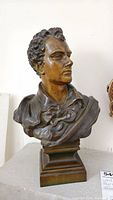 Front view of bronze bust of Lord Byron on square pedestal base
