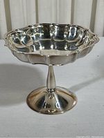 Silverplate compote displaying scalloped edge design and pedestal base on white background