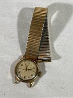 Overall view of vintage Hamilton wristwatch with gold-tone band and round face