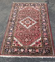 Full view of rectangular wool area rug showing overall design and color scheme