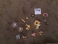 Photo showing assortment of 12 costume jewelry pins on carpet background with MaxSold lot number card