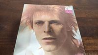 Front cover of David Bowie's Space Oddity album showing close-up stylized portrait of Bowie.