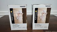 Photo showing two boxed wall lantern lights from Portfolio Outdoor, with model number 0255323 visible.