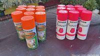 Nineteen Rust-Oleum spray paint cans, 10 orange and 9 pink, arranged outdoors with plants in background.
