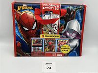 Front image of the Spider-Man Colouring & Activity Set in a fold-out storage case featuring artwork of Spider-Man and Spider-Gwen, with display of 3 included fun books and mention of fold-out storage case on packaging.