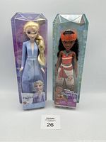 Photo of Elsa and Moana dolls in original packaging standing side by side
