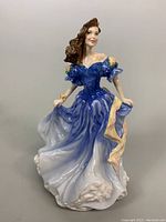 Front view of porcelain figurine dressed in blue gown with floral details on sleeves and ribbon accents