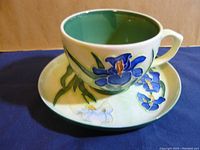 Cup and saucer set showing floral hand-painted design with blue and white flowers and green leaves, green interior of cup visible.