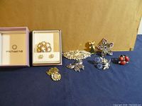 Photo showing entire collection of vintage costume jewelry including brooches, earrings, hair clip and necklace, displayed next to lavender Michael Hill box