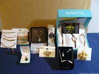 Wide view of all jewelry pieces in photo showing variety of bracelets, watches, necklaces, and brooches with some items in branded boxes.
