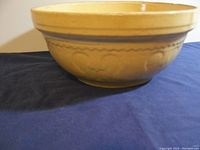 Side view of yellow ceramic bowl with purple bands and decorative embossing on exterior.