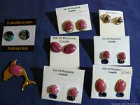 Photo showing mostly rhodonite earrings and a bird brooch pin with a pink rhodonite stone, all on blue fabric background. Various jewelry on Hill 60 Rhodonite Canada cards along with a Kaleidoscope Saltspring earring card.