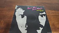 Front cover of the Hall & Oates Private Eyes album showing stylized faces and text with some wear and graffiti markings.
