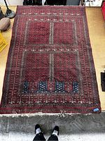 Full view of rug laid flat showing overall design, colors, and fringe