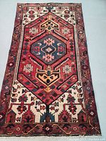Full view of the hand knotted wool Persian rug showing geometric tribal design and color combination.