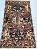 Full view of the Persian Bakhtiar wool rug showing tribal panel design and color palette.