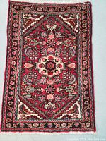 Full view of the hand knotted Persian Hamedan wool rug showing decorative tribal design and vibrant colors.