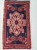Full front of red and navy blue small Persian rug with central medallion design.