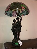 Front view of table lamp showing two classical female figurines as base and stained glass style floral lampshade.