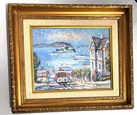 Full view of signed original painting featuring San Francisco cable car, bay, and Alcatraz with ornate gold frame.