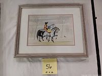 Framed original acrylic painting of two girls riding horses, full framed view showing size and condition.