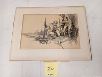 The entire mounted drawing showing two hunters with a deer and surrounding matting board.