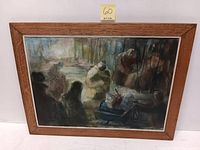 Full image of the framed painting showing figures and a wheelbarrow in muted and earthy colors.