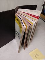 Photo of black binder standing upright showing its thick contents of theatre programs and Playbills.