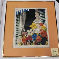 Framed lithograph showing entire artwork, mat and gold-tone frame, includes identification note with dimensions.