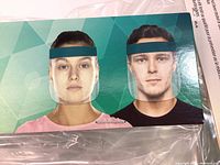 Photo showing package design with models wearing the full-face clear shield with blue headband.