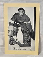 Clear view of vintage black and white photo showing Terry Sawchuk in Detroit Red Wings goalie equipment and jersey, mounted on cream card backing.