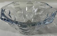 Angled side view of Lenox conical crystal fruit bowl showing cut diamond design and thick crystal walls.