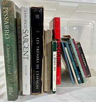 Photo showing a side view of 11 art books including 'Pissarro,' 'John Singer Sargent,' 'Les Trésors de l'Espagne,' 'A Mind's Eye,' and smaller titles like 'The Chinese Exhibition' and 'Walt Disney.'