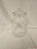 Single clear Italian glass cookie jar with embossed floral and geometric patterns. Jar stands upright on light-colored fabric background.