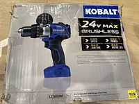 Front of box showing Kobalt 24V Max Brushless Drill/Driver image and features