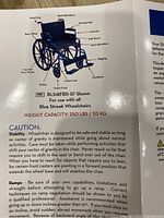 Diagram showing labeled features of the Blue Streak wheelchair including hand grip, back upholstery, armrest, seat upholstery, caster forks, brakes, and footplate with a weight capacity of 250 lbs / 113 kg.