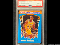 Frontal photo of the graded 1990 Fleer All-Stars Magic Johnson card #4 in protective slab with PSA NM-MT 8 grading label.